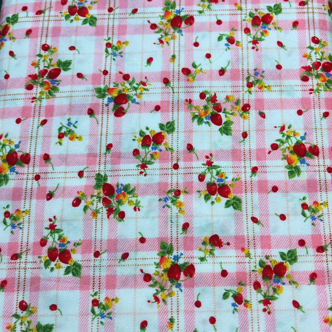 Pink Gingham Floral Fabric Poly Cotton