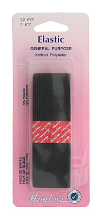 Hemline General Purpose Elastic Black, 32mm, 1mtr
