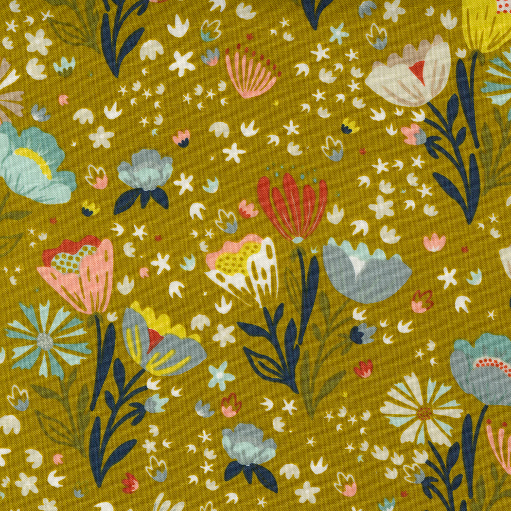 A close-up of a fabric or wallpaper pattern featuring a mustard yellow background with a whimsical, hand-drawn style floral print in blue, pink, red, and white.
