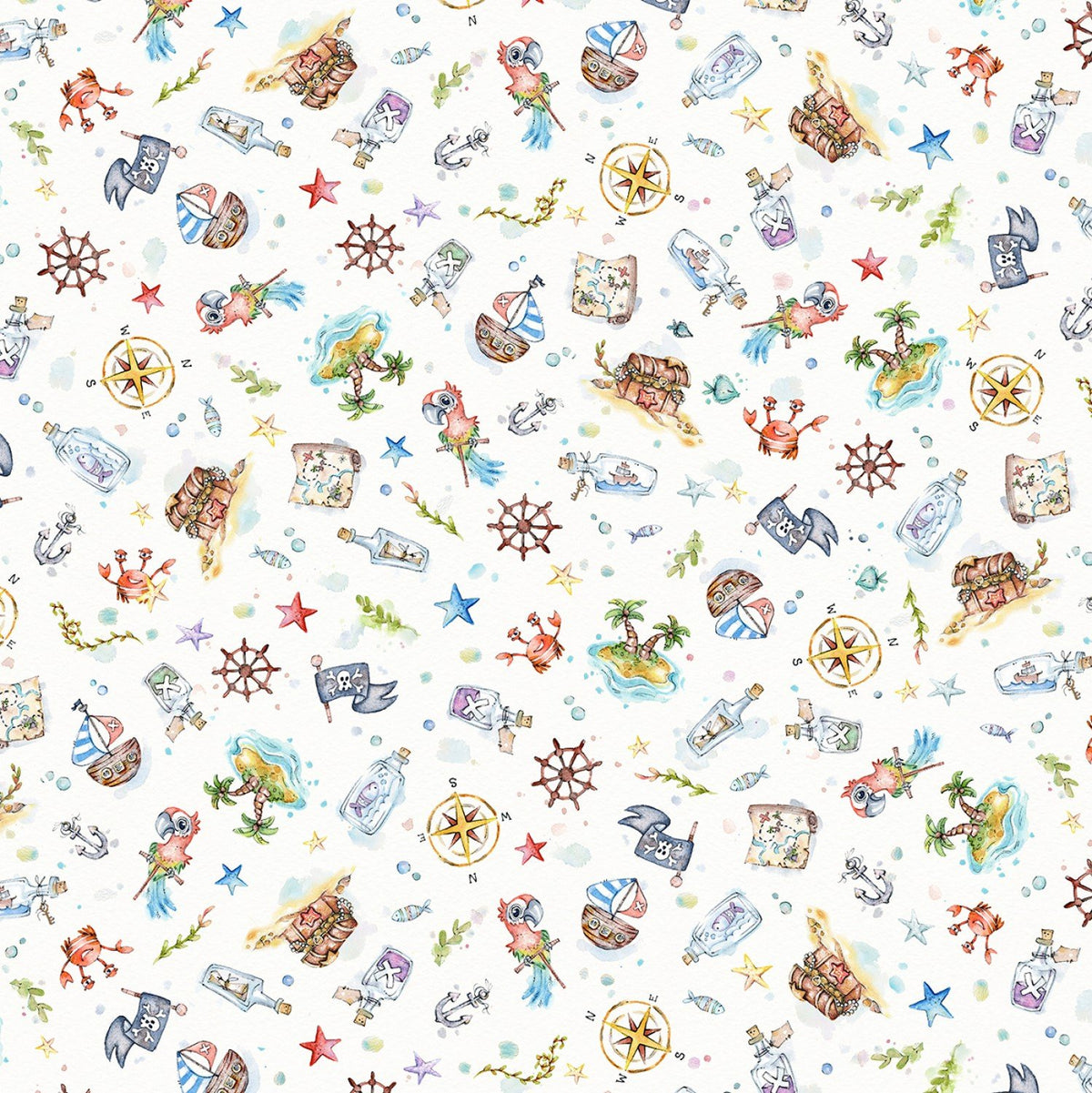 Enchanted Seas  4939-MU  Pirate Toss White Multi  100% Cotton