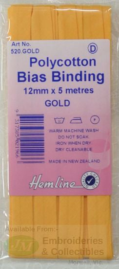 Hemline Polycotton Bias Binding 12mm x 5m, GOLD