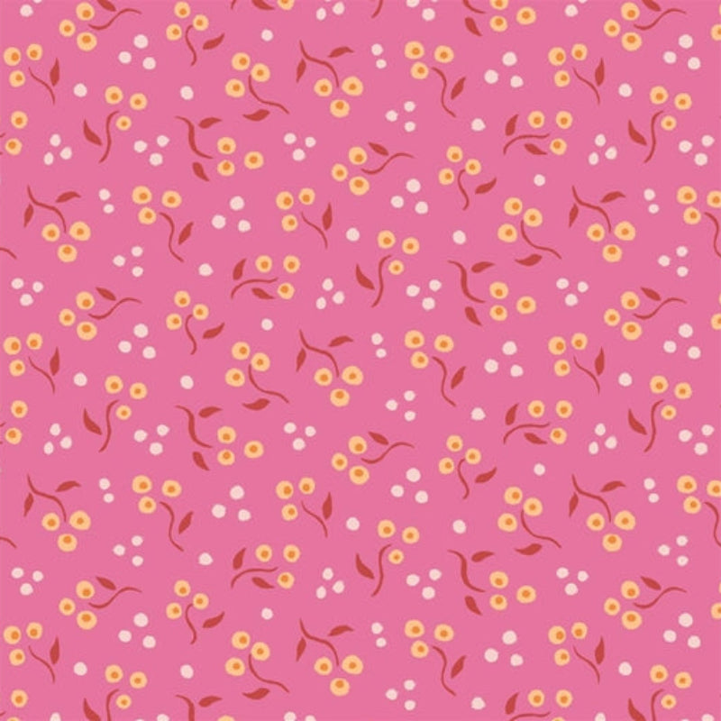 A repeating floral pattern on a pink background, featuring small yellow and white flowers with brown leaves and stems.
