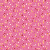 A repeating floral pattern on a pink background, featuring small yellow and white flowers with brown leaves and stems.