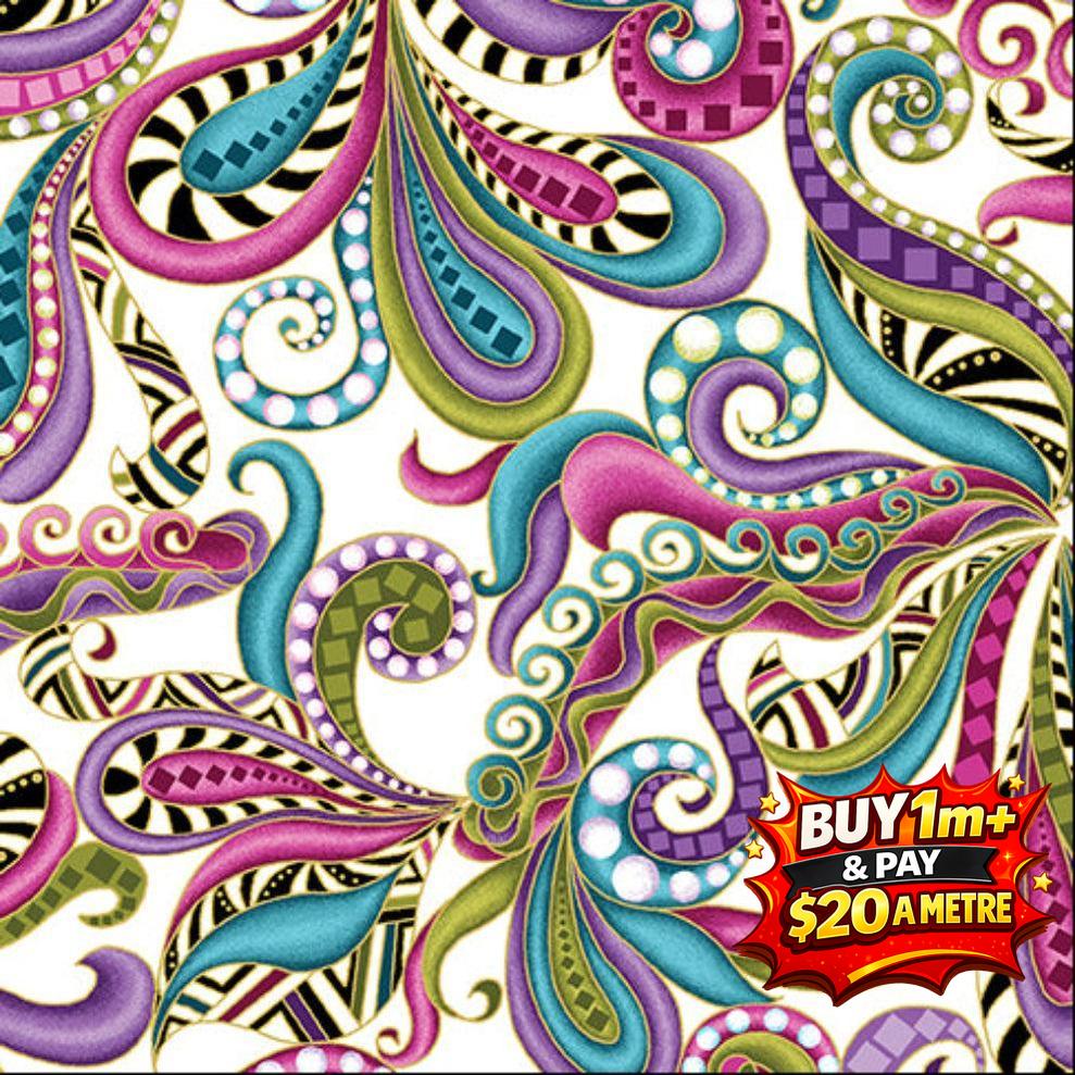 Dog-On-It: Carnival Scroll on White by Ann Lauer 6256M 100% Cotton Fabric WOF 110cm- 112cm