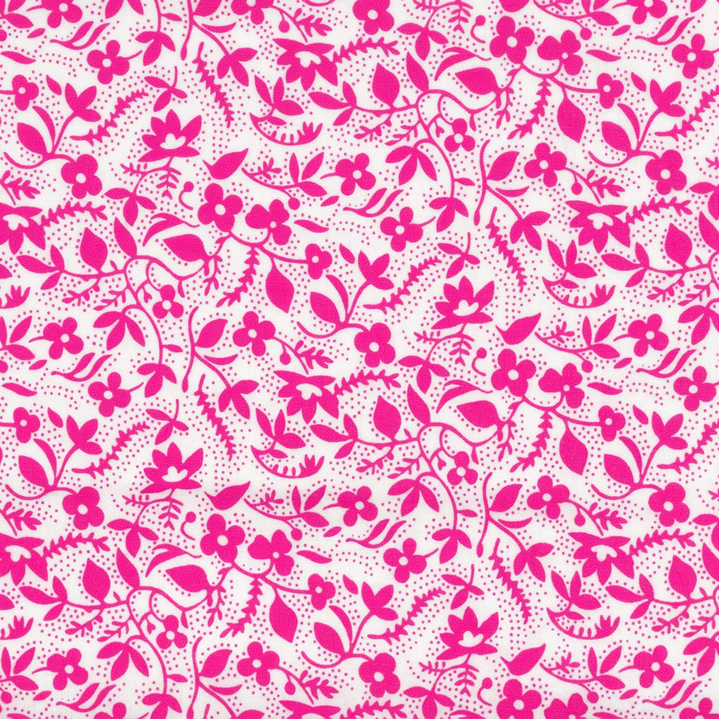 A repeating floral pattern featuring bright pink flowers, leaves, and delicate vine motifs on a white background.