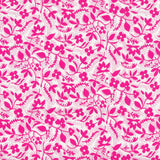 A repeating floral pattern featuring bright pink flowers, leaves, and delicate vine motifs on a white background.