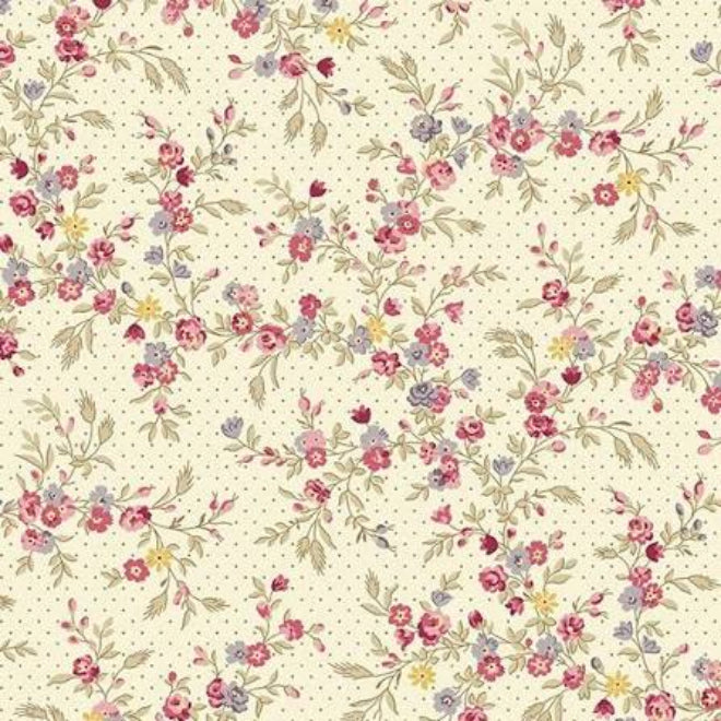 A repeating floral pattern on a warm cream background with small beige dots. The design features watercolor-style pink, red, purple, and blue flowers with green leaves and stems.