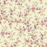 A repeating floral pattern on a warm cream background with small beige dots. The design features watercolor-style pink, red, purple, and blue flowers with green leaves and stems.