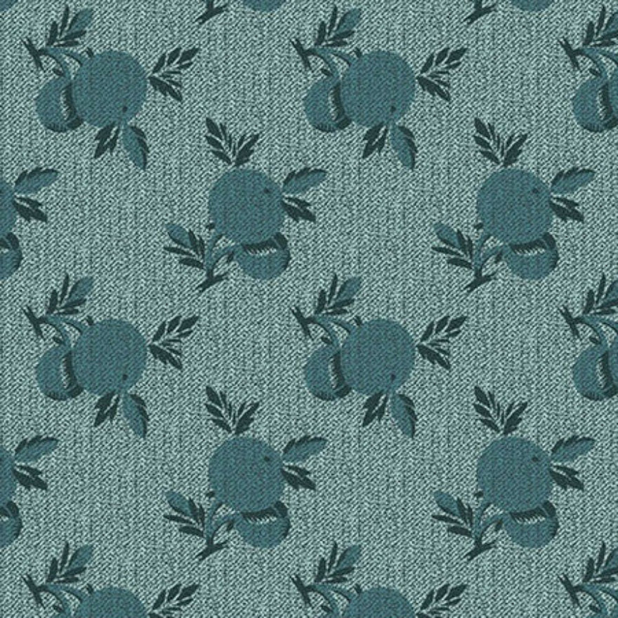 A close-up of a fabric pattern featuring dark teal blueberries with leaves on a textured light teal background, with a ruler and the andover brand logo visible along the bottom edge.