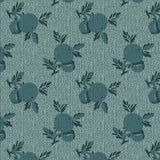 A close-up of a fabric pattern featuring dark teal blueberries with leaves on a textured light teal background, with a ruler and the andover brand logo visible along the bottom edge.