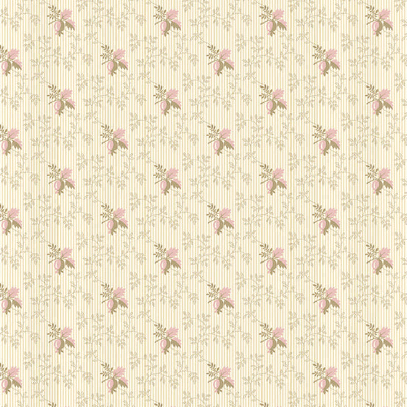 A repeating floral wallpaper pattern featuring small pink flowers with green leaves on a warm cream background with subtle vertical stripes.