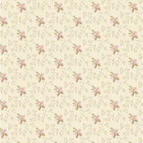 A repeating floral wallpaper pattern featuring small pink flowers with green leaves on a warm cream background with subtle vertical stripes.