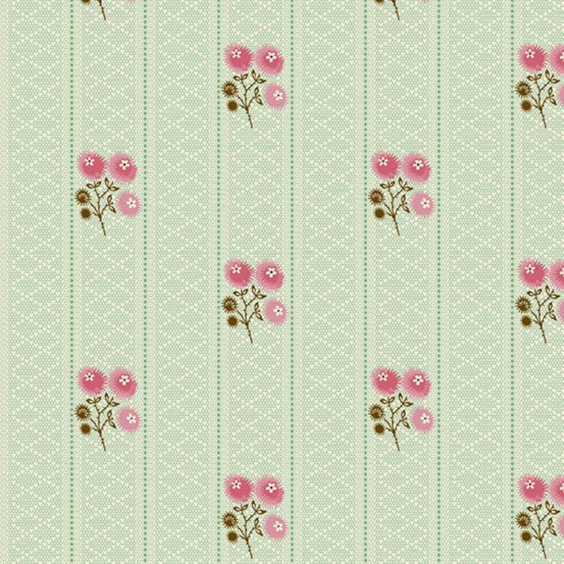 Patterned fabric with pink flowers and green leaves on a light green background