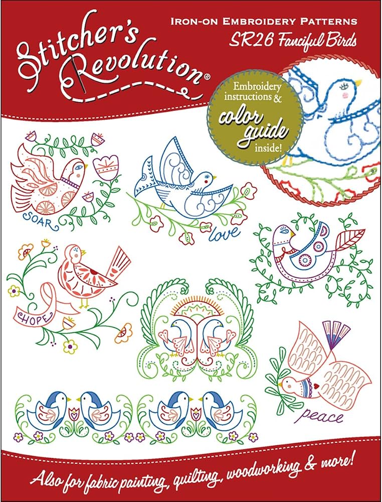 Aunt Martha's 7-Piece Fanciful Birds Embroidery Pattern Kit - Iron-On Transfer Design