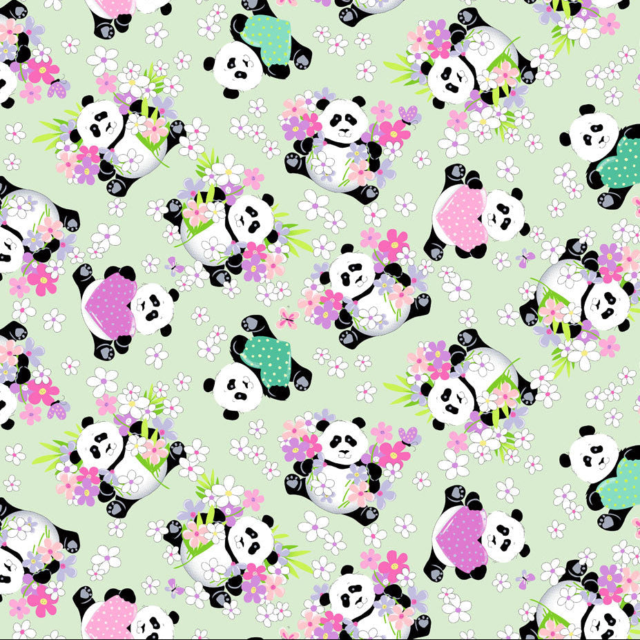Pattern of pandas with flowers on a light green background