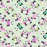 Pattern of pandas with flowers on a light green background