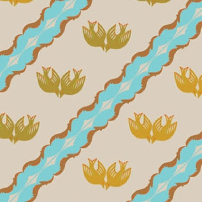 A repeating decorative pattern with diagonal aqua-blue wavy bands outlined in brown, set on a warm beige background and overlaid with mustard-yellow stylized floral motifs.