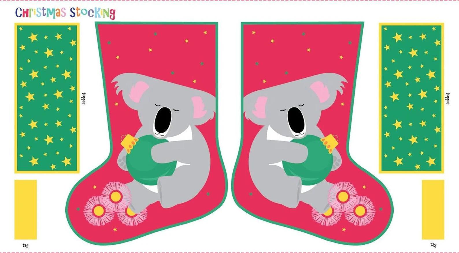 Aussie Christmas Festive Friends Koala Stocking Cotton Quilting Fabric Panel