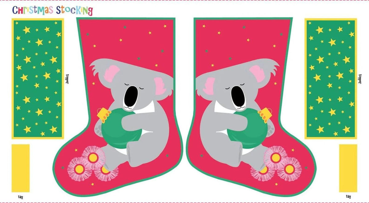 Aussie Christmas Festive Friends Koala Stocking Cotton Quilting Fabric Panel