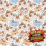 Boho Baby DV6253 fabric with cute deer, sloth, tiger, owl, and elephant animal print on white.