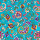 A close-up of a colorful paisley and floral pattern on a bright turquoise background, featuring intricate motifs in pink, purple, orange, green, yellow, and white.