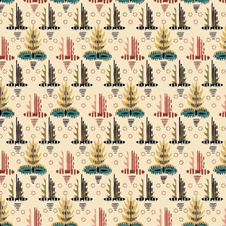 A repeating fabric pattern on a cream background with stylized botanical motifs in teal, rust red, mustard yellow, and black, plus a purple ruler along the bottom edge showing measurements.