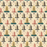 A repeating fabric pattern on a cream background with stylized botanical motifs in teal, rust red, mustard yellow, and black, plus a purple ruler along the bottom edge showing measurements.