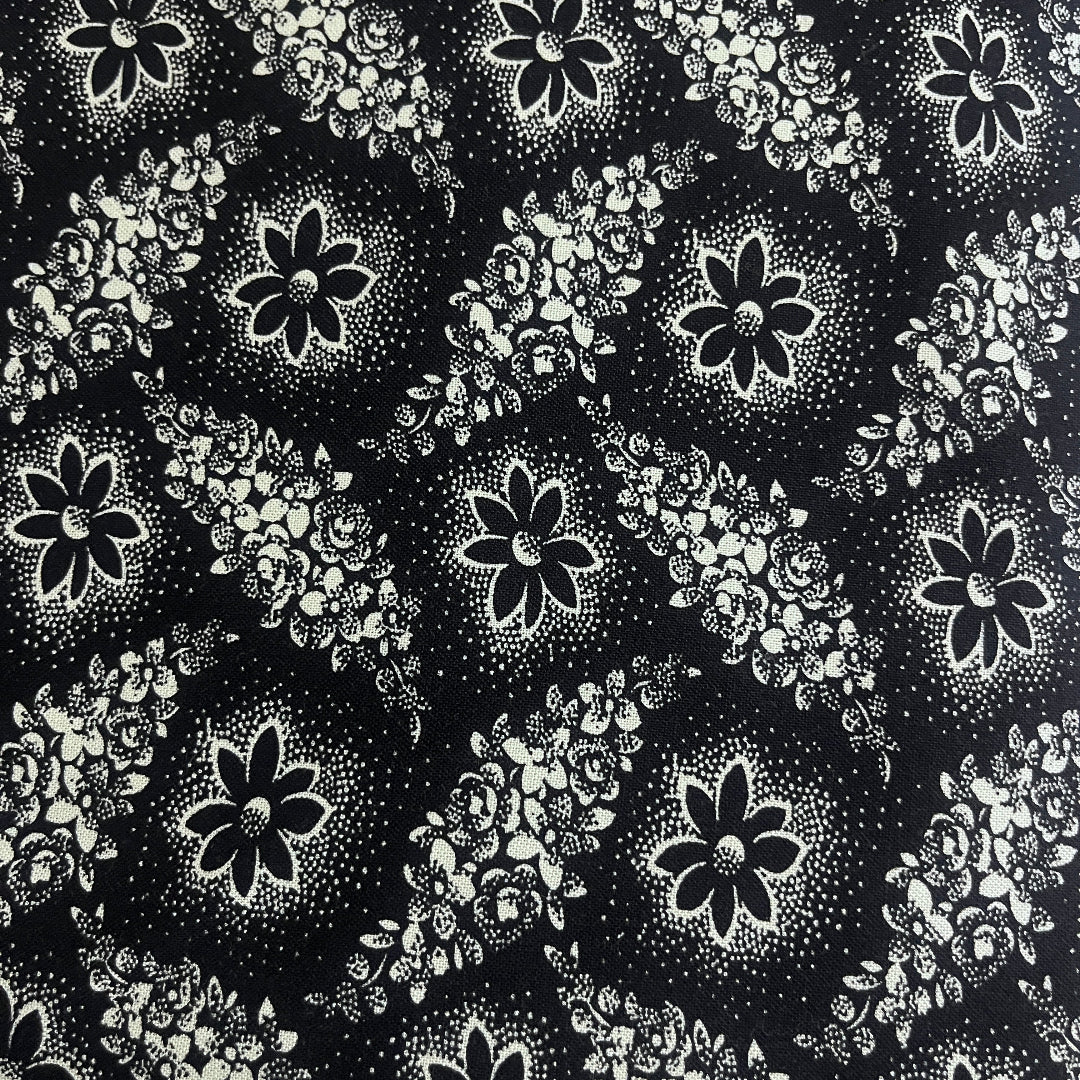 Black and White Floral 100% Fabric Grey WOF 110cm - 112cm