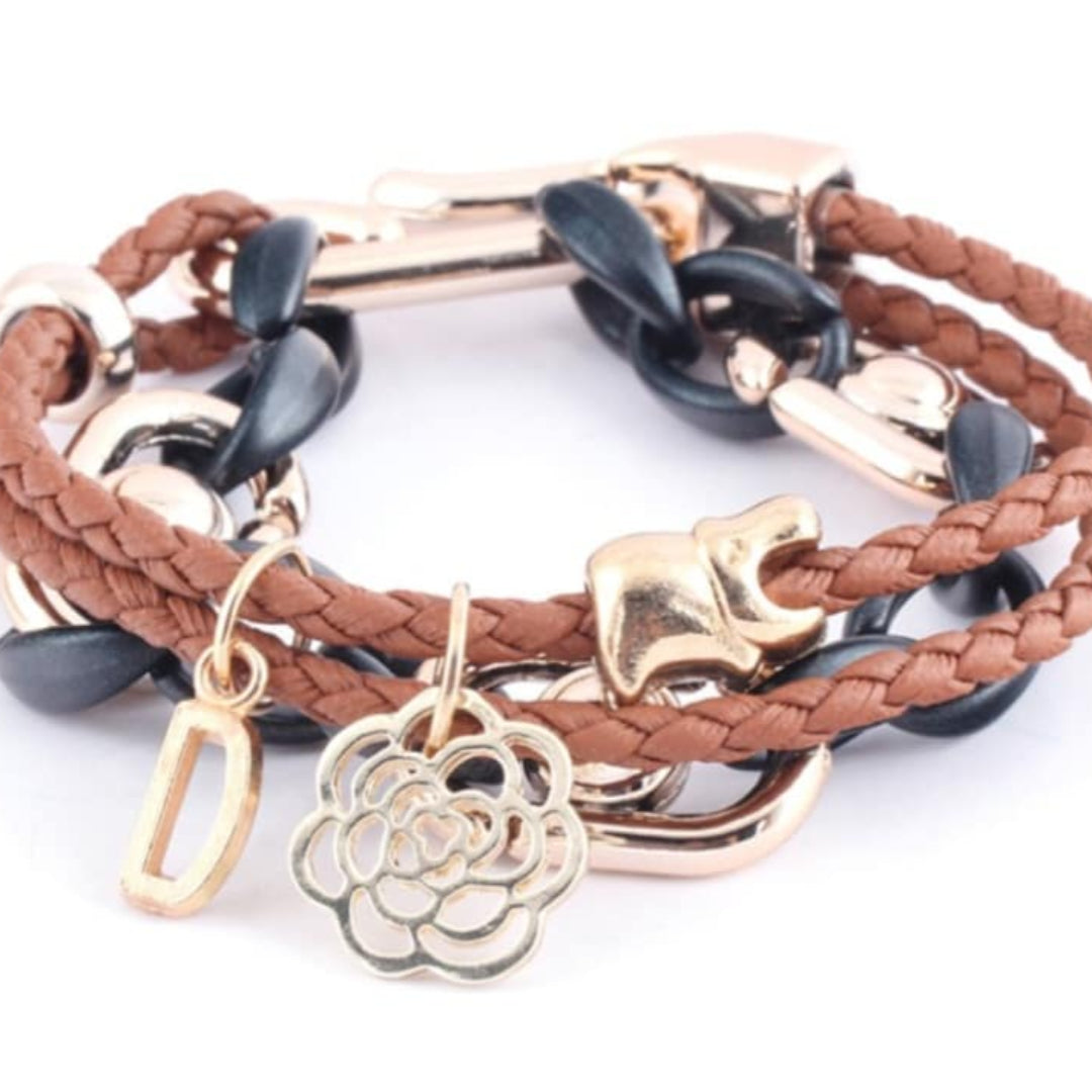 Friendship Braided Leather Charm Bracelet - Rose, Letter & Heart Accents