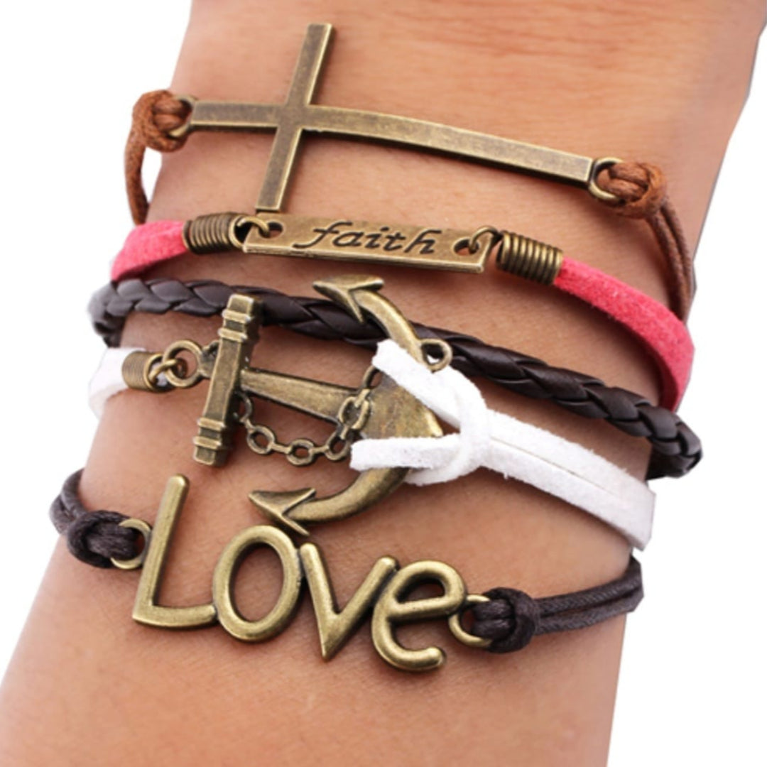 Friendship Leather Wrap Bracelet Love, Faith, Anchor, Cross