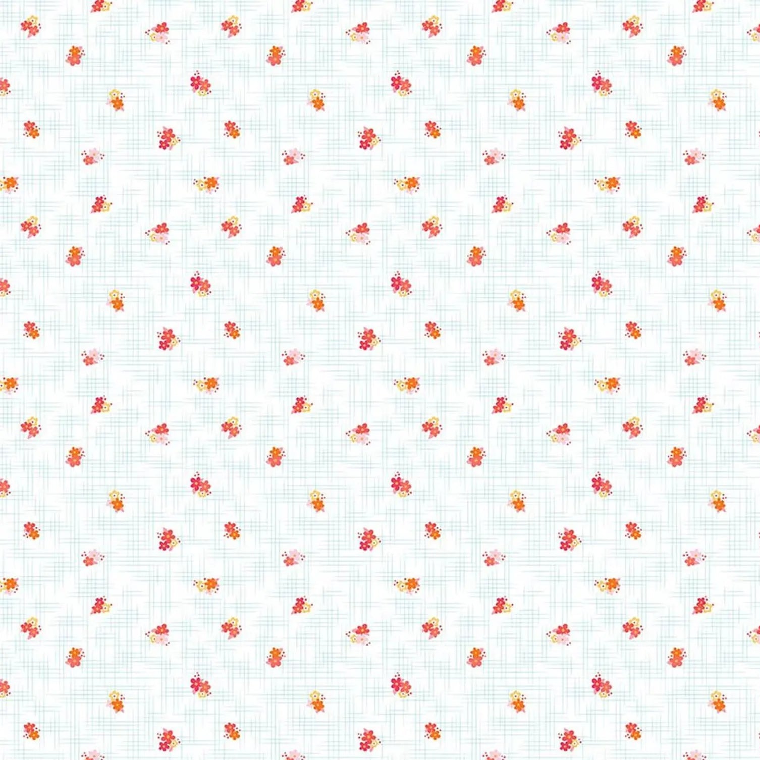 A close-up of a fabric pattern featuring small scattered floral motifs in red, orange, and yellow on a very light blue-gray background with a faint grid texture. A ruler scale is visible along the bottom edge.