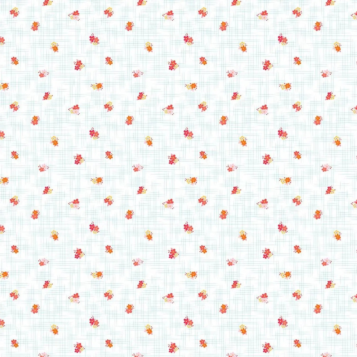 A close-up of a fabric pattern featuring small scattered floral motifs in red, orange, and yellow on a very light blue-gray background with a faint grid texture. A ruler scale is visible along the bottom edge.
