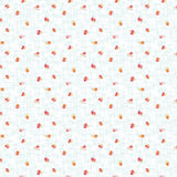 A close-up of a fabric pattern featuring small scattered floral motifs in red, orange, and yellow on a very light blue-gray background with a faint grid texture. A ruler scale is visible along the bottom edge.