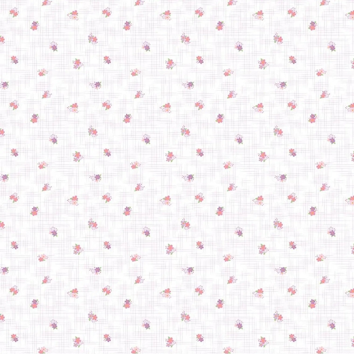 White fabric with a delicate pink and purple floral pattern and a ruler along the bottom edge showing measurements.