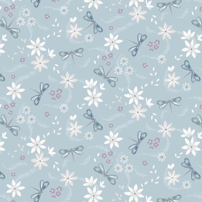 A repeating floral and dragonfly pattern on a pale blue background, with white flowers, small pink blossoms, and gray-blue dragonflies.