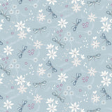 A repeating floral and dragonfly pattern on a pale blue background, with white flowers, small pink blossoms, and gray-blue dragonflies.