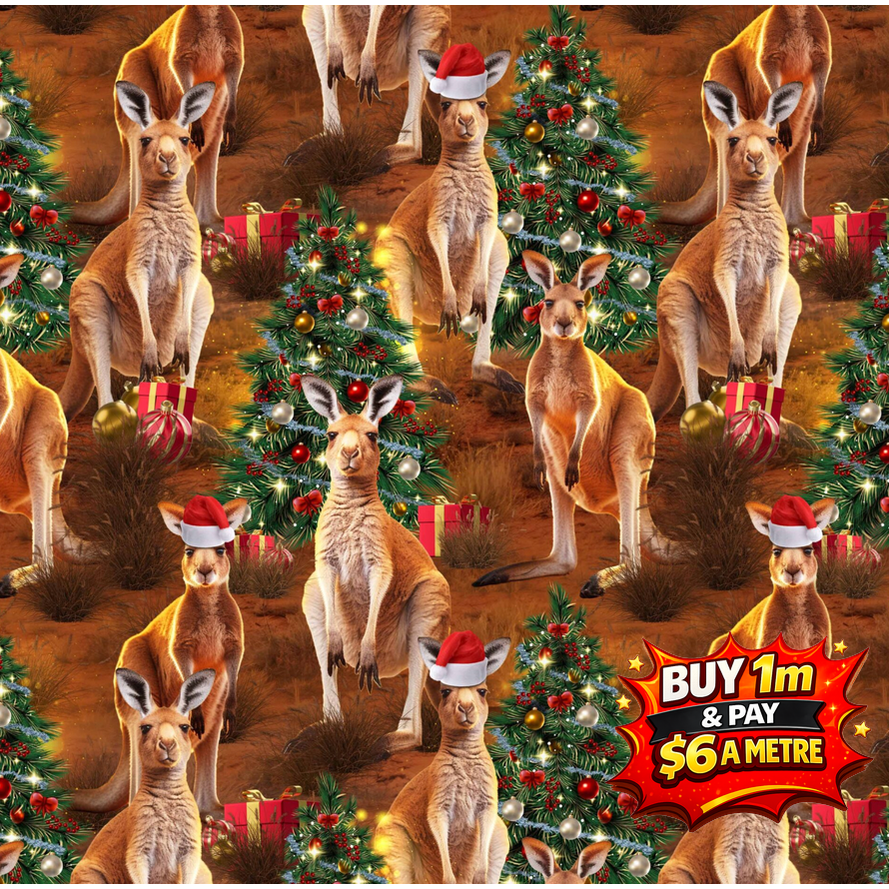 CHRISTMAS Fabrics Festive Friends Kangaroos Final Clearance $6m (1m min cut)