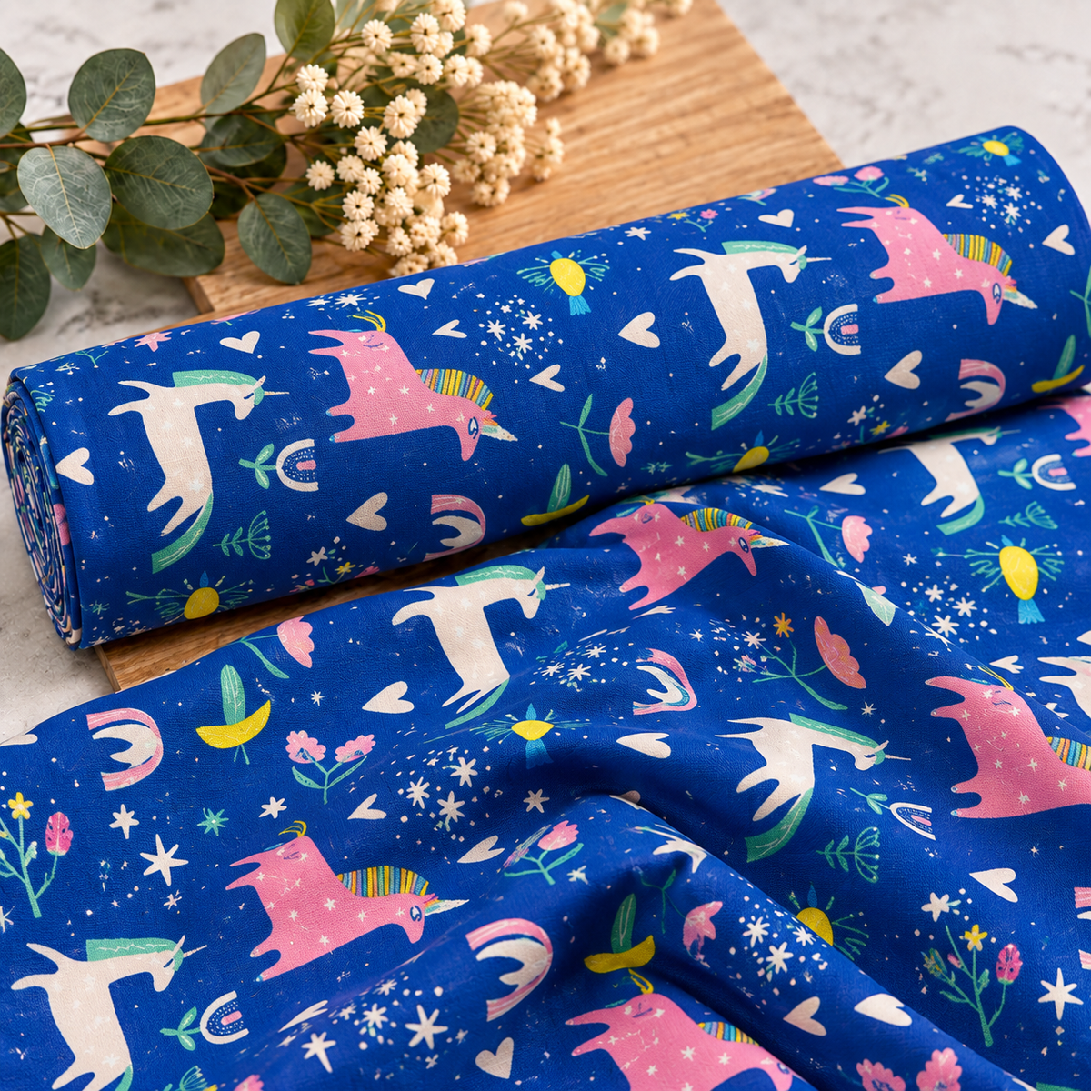 Magical Unicorns – Royal Blue Premium 100% Cotton Fabric 46cm x 55cm