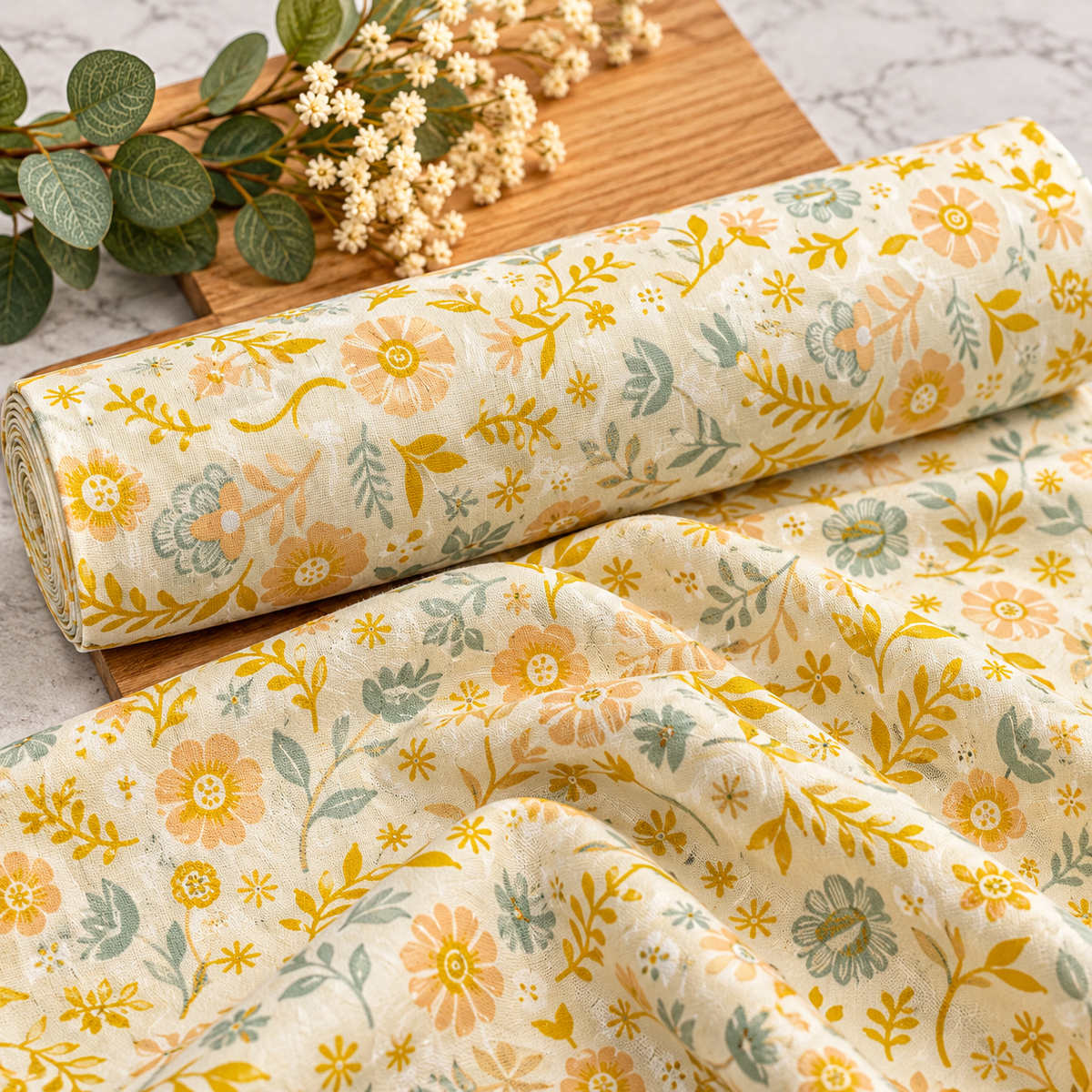 Golden Meadow – Cream Floral Premium 100% Cotton Fabric 46cm x 55cm