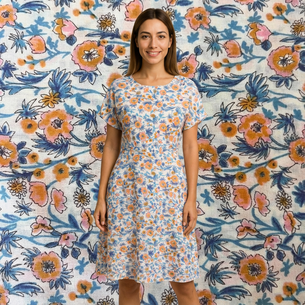 Woman wearing a white cotton dress with a vibrant orange, pink, and blue floral print.