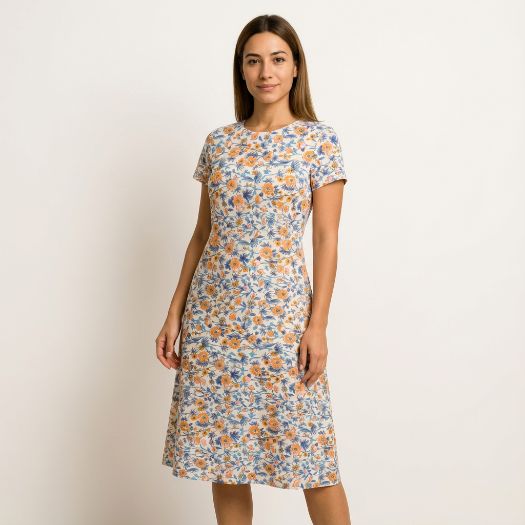 Woman wearing a short-sleeved, knee-length dress made from light cotton lawn fabric with a blue and orange floral print.