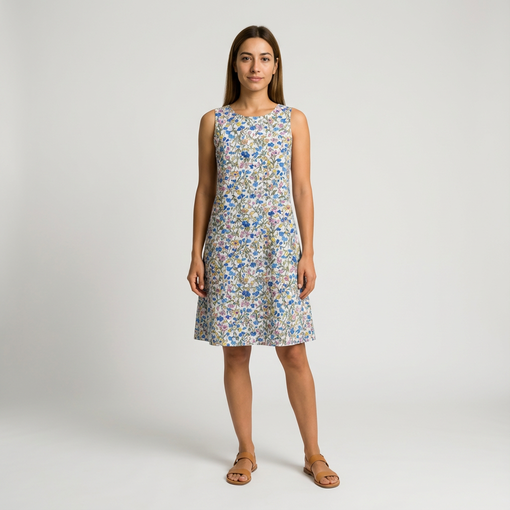 Woman in a sleeveless cotton lawn dress with a vibrant blue, pink, and yellow floral print.