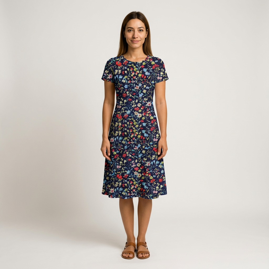 Woman in a navy blue cotton lawn dress with a vibrant floral print and short sleeves.
