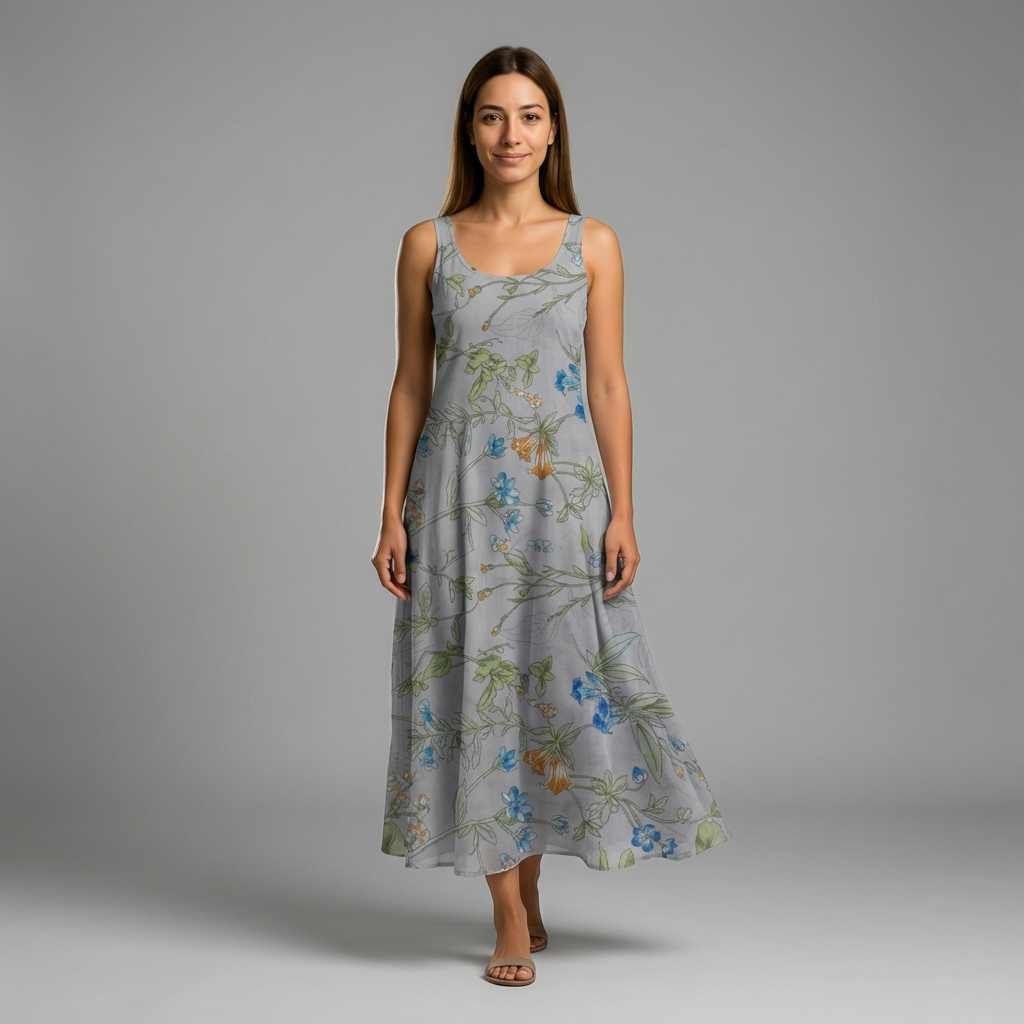 Woman in a gray cotton printed lawn maxi dress with blue and orange floral patterns.
