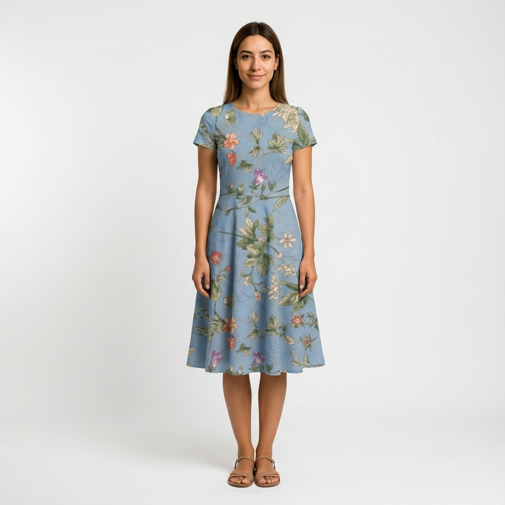 Woman in a light blue cotton lawn dress with a vibrant floral print, short sleeves, and a flared midi skirt.