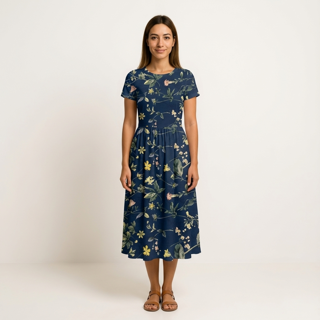 Woman in a navy blue cotton lawn dress with a delicate yellow and green floral print.