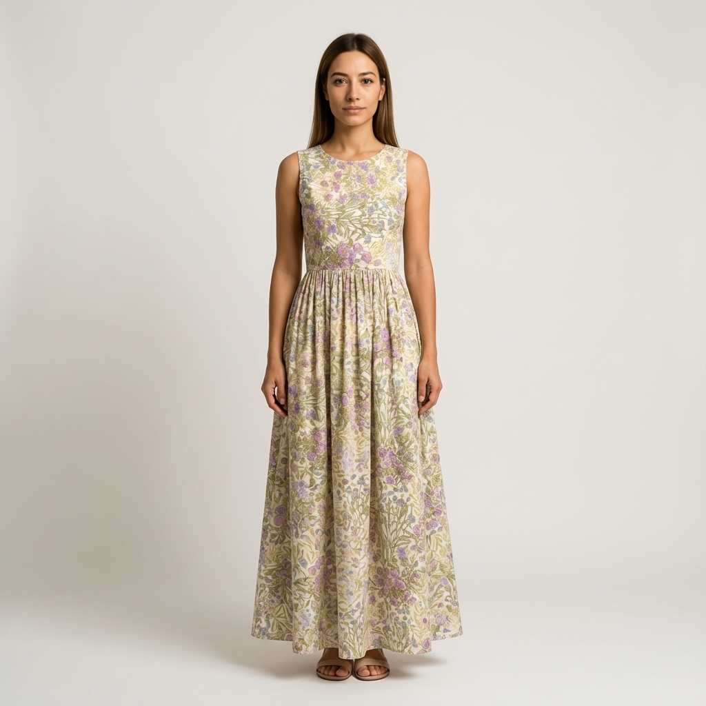 Woman wearing a long, sleeveless cotton dress with a light yellow and purple floral print.
