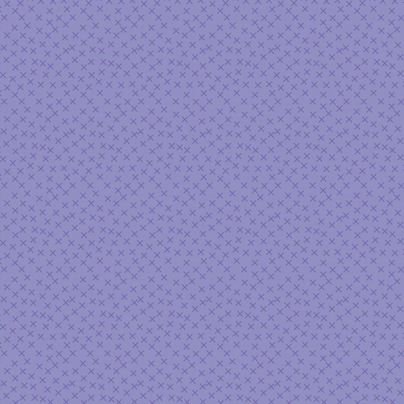 A close-up of a lavender purple fabric with a repeating pattern of small dark stitched X's forming a diamond grid.