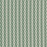 A close-up of a fabric pattern featuring vertical stripes of sage green and cream with a repeating stylized floral or leaf motif, with a measuring ruler visible along the bottom edge.