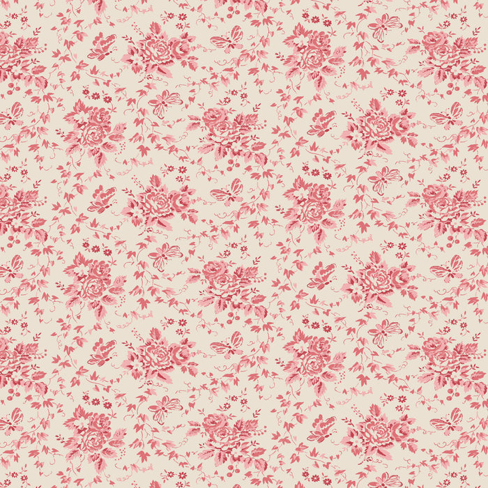 Fabric with red and white floral pattern